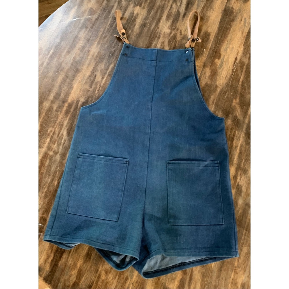 Jumping-Jax Denim Shortall Overalls Blue Leather Straps M Vintage Retro 90s Y2K